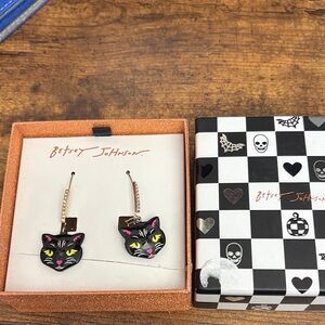 Betsey Johnson Black Cat Earrings with Pink and Yellow Accents